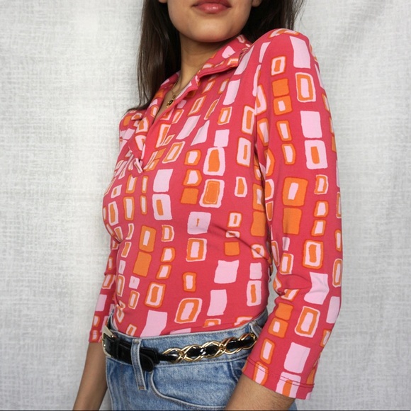 Pink 70’s Style Collared Quarter Sleeve Top - Picture 2 of 4